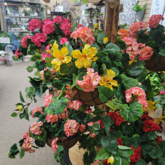 Geranium and Hibiscus hanging basket preorder instore pick up only